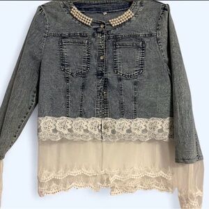 Gray Denim Jacket with Pearl Collar & Cream Lace Hem